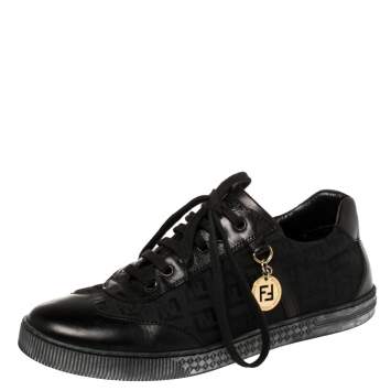 Pre Owned Fendi Black Zucca Canvas and Leather Low Top Sneakers Size 38