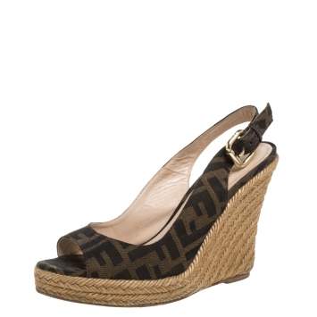 Pre Owned Fendi Tobacco Zucca Canvas Slingback Wedge Espadrilles Size 36.5