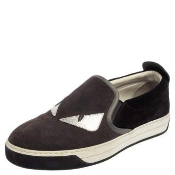 Pre Owned Fendi Grey/Black Suede Monster Eyes Slip On Sneakers Size 40
