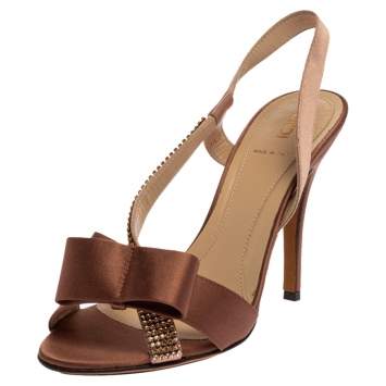 Pre Owned Fendi Brown Satin Crystal Embellished Bow Slingback Sandals Size 37.5