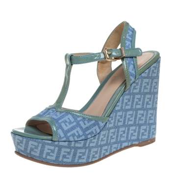 Pre Owned Fendi Blue/Green Canvas And Patent Leather Wedge Sandals Size 38.5