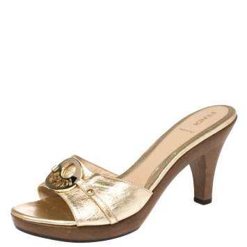 Pre Owned Fendi Gold Leather Logo Platform Open Toe Slide Sandals Size 39