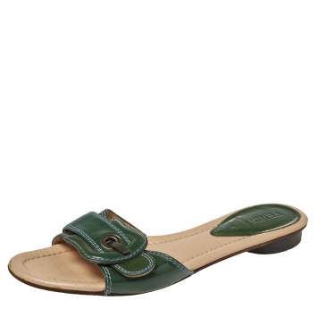 Pre Owned Fendi Green Patent Leather Buckle Slide Sandals Size 37.5