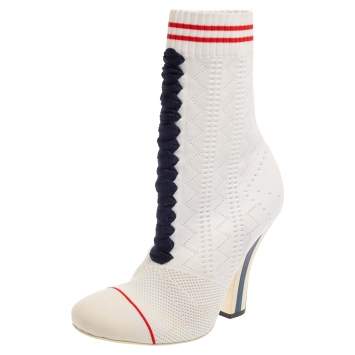 Pre Owned Fendi White Knit Sock Slip on  Boots Size 37.5