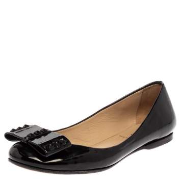Pre Owned Fendi Black Patent Leather Studded Bow Ballet Flats Size 38