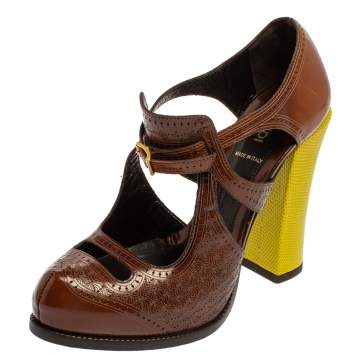 Pre Owned Fendi Brown/Yellow Leather Brogue Pumps Size 38