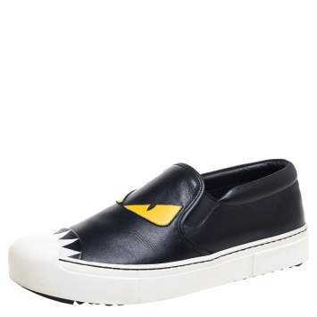 Pre Owned Fendi Black/Yellow Leather Monster Slip On Sneakers Size 39.5