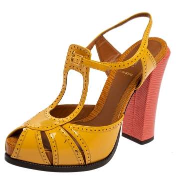 Pre Owned Fendi Yellow Patent Leather Chameleon Block Heel Sandals Size 40 