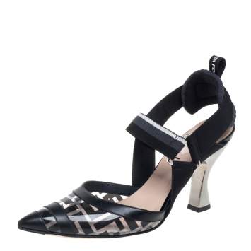 Pre Owned Fendi Black/Grey Leather And PVC Colibri Slingback Pumps Size 38