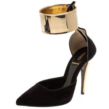 Pre Owned Fendi Black/Gold Suede Pointed Toe Ankle Cuff Pumps Size 36.5