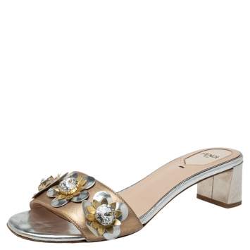Pre Owned Fendi Metallic Bronze/Silver Leather Flowerland Sandals Size 39 