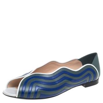 Pre Owned Fendi Blue/Grey  Leather Peep Toe Scallop Flats Size 40