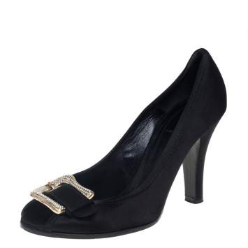 Pre Owned Fendi Black Satin Crystal Embellished Slip On Pumps Sze 40.5