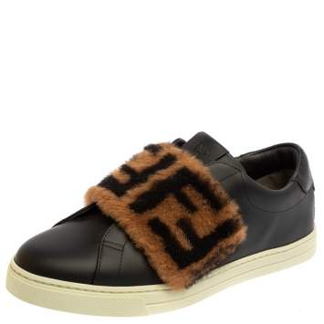 Pre Owned Fendi Brown/Black Leather And FF Motif Fur Low Top Sneakers Size 38