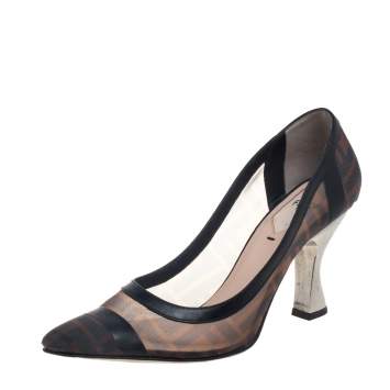 Pre Owned Fendi Beige/Black Leather And Mesh Colibri Logo Pointed Toe Pumps Size 38