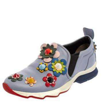 Pre Owned Fendi Blue Leather Flowerland Sneakers Size 40