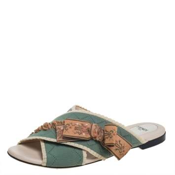 Pre Owned Fendi Green Crisscross Knit Bow Flat Slides Size 38