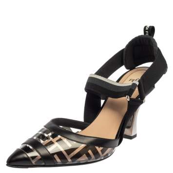 Pre Owned Fendi Black  Canvas  And PVC  Slingback Pumps Size 41