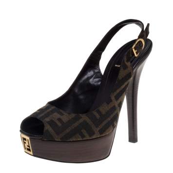 Pre Owned Fendi Tobacco Zucca Canvas FF Slingback  Sandals Size 38.5