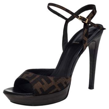 Pre Owned Fendi Brown Zucca Canvas Platform Ankle Strap Sandals Size 40