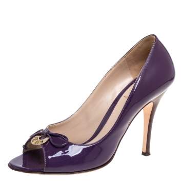 Pre Owned Fendi Purple Patent  Leather Bow Peep Toe Pumps Size 37