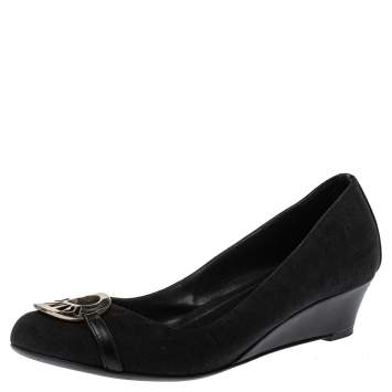 Pre Owned Fendi Black  Canvas Logo Plate Wedges Pumps Size 39