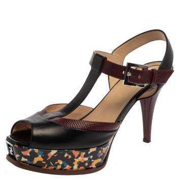 Pre Owned Fendi Black/Brown  Lizard Embossed And  Leather T Strap Platform Sandals Size 41