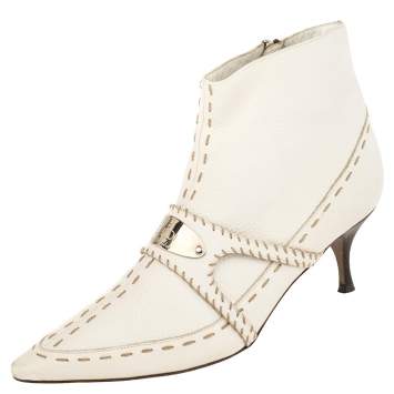 Pre Owned Fendi White Leather  Zipper Detail Pointed Toe  Boots Size 39
