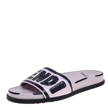 Pre Owned Fendi Pink/Black Logo Print Leather Flat Slides Size 39