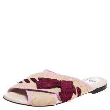 Pre Owned Fendi Beige Knit Fabric with Contrast Bow Cross Strap Open Toe Flat Slides Size 38