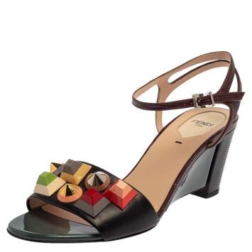 Pre Owned Fendi Brown Leather Rainbow Studs Sandals Size 39