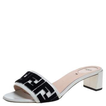 Pre Owned Fendi Off White/Black Leather And FF Logo Velvet Slide Sandals Size 40