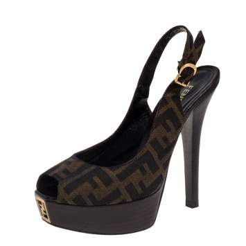 Pre Owned Fendi Tobacco Zucca Canvas Fendista Platform Slingback Sandals Size 37