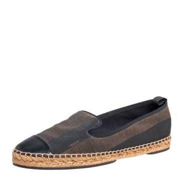 Pre Owned Fendi Black/Brown Canvas and Leather Cap Toe Espadrilles Flats 41
