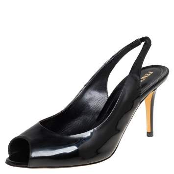 Pre Owned Fendi Black Patent Leather Peep Toe Slingback Sandals Size 41