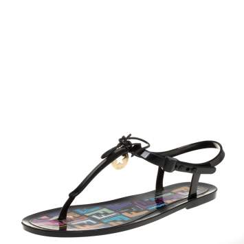 Pre Owned Fendi Black Rubber Ankle Strap Flats Sandals Size 41