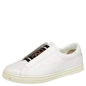 Pre Owned Fendi White Leather And Logo Knit Rockoko Slip On Sneakers Size 37.5
