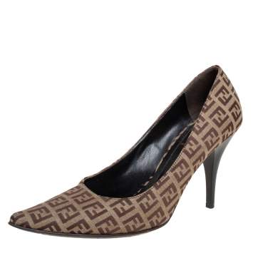 Pre Owned Fendi Brown/Beige Zucca Canvas Slip On Pointed Toe Pumps Size 38