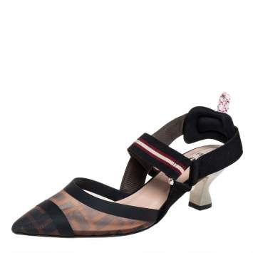 Pre Owned Fendi Beige/Black Zucca Canvas And Mesh Colibri Slingback Sandals Size 37