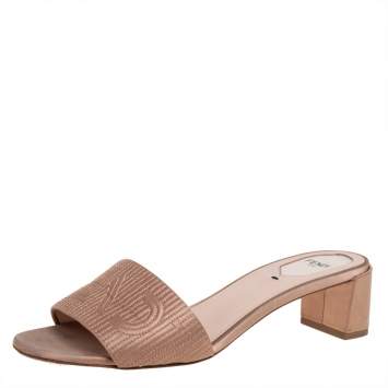 Pre Owned Fendi Beige Satin Logo Embroidered Block Heel Slide Mules Size 39