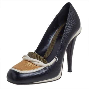 Pre Owned Fendi Black/White Lizard Embossed Leather Pumps Size 38