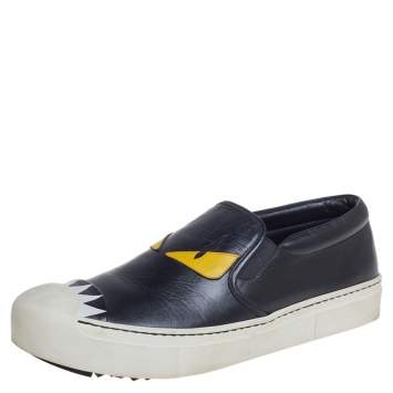 Pre Owned Fendi Black Leather Monster 3D Eyes Slip On Sneakers Size 40