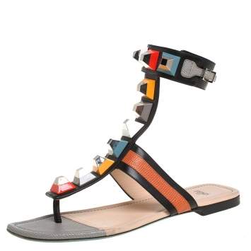 Pre Owned Fendi Multicolor Leather And Lizard Embossed Studded Ankle Cuff Flat Sandals Size 38.5