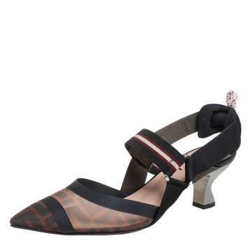 Pre Owned Fendi Brown/Black Zucca Mesh And Leather Colibri Slingback Sandals Size 39