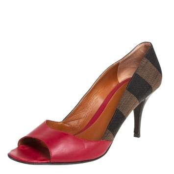 Pre Owned Fendi Red Stripe Canvas And Leather Open Toe Pumps Size 39