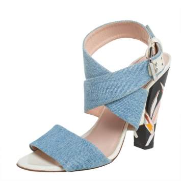 Pre Owned Fendi Blue Denim Fabric Ankle Wrap Sandals Size 39