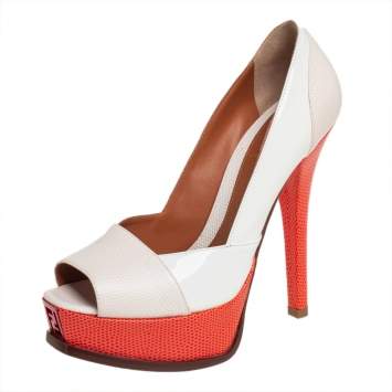 Pre Owned Fendi White/Orange Lizard Embossed And Patent Leather Fendista Peep-Toe Platform Pumps Size 37