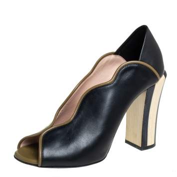 Pre Owned Fendi Black/Olive Green Wave Leather Foldable Heel Peep Toe Pumps Size 37