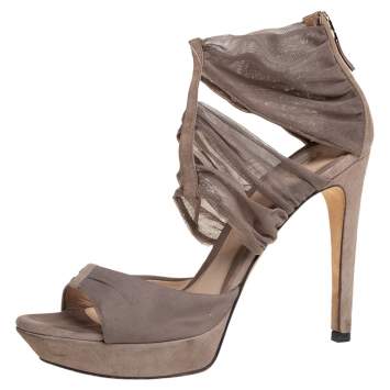 Pre Owned Fendi Grey Lace and Suede Platform Sandals Size 37.5