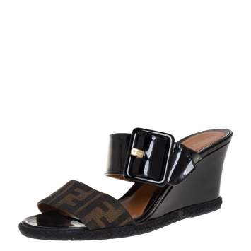 Pre Owned Fendi Black/Zucca Canvas And Patent Leather Wedge Slides Size 39.5